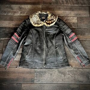 Faux Leather Jacket with Leopard Fur Collar - Black